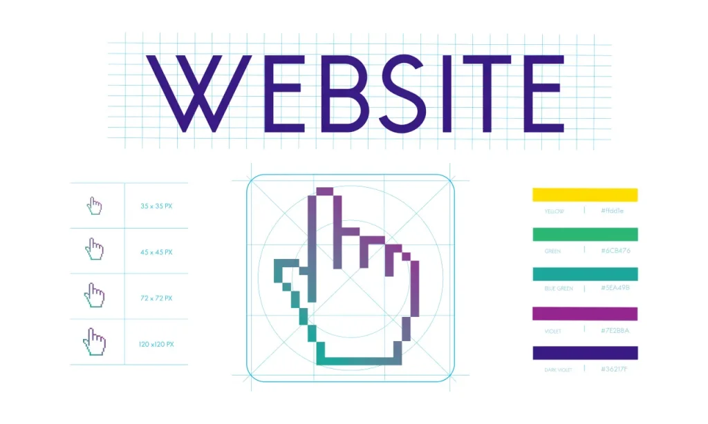 Visual konsep website menunjukkan struktur reka bentuk, ikon interaksi dan panduan warna antaramuka