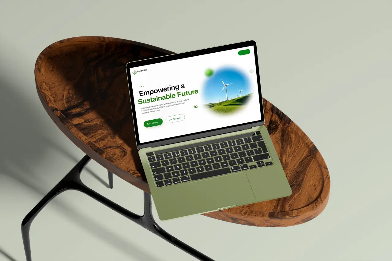 Paparan website perniagaan moden pada laptop sebagai contoh reka bentuk website untuk bisnes